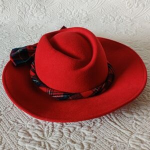 Toucan  New York 100% Wool Fedora Classic Wide Brim Red Hat With Plaid Bow